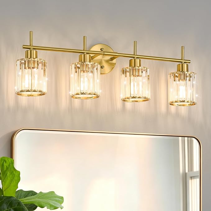 Brushed Gold Bathroom Light Fixtures, Round, 3-Light | Vanity Lights with Crystal Shades, Modern Bathroom Lighting Fixtures over Mirror (Bulbs Not Included, E26)