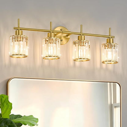 Brushed Gold Bathroom Light Fixtures, Round, 3-Light | Vanity Lights with Crystal Shades, Modern Bathroom Lighting Fixtures over Mirror (Bulbs Not Included, E26)