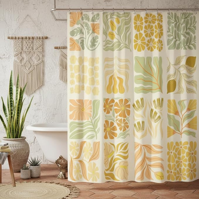 JAWO Cute Boho Floral Shower Curtain, Vintage Yellow Abstract Floral Retro Aesthetic Shower Curtain for Bathroom, Funky Unique Waterproof Fabric Polyester Bath Curtains Decor with Hooks,70Wx75H