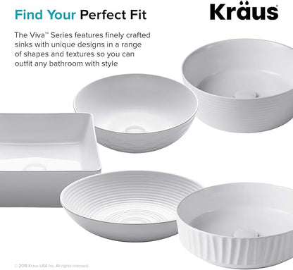 KRAUS Viva™ Round White Porcelain Ceramic Vessel Bathroom Sink with Pop-Up Drain, 15 3/4 in. D x 5 3/8 in. H, KCV-205GWH