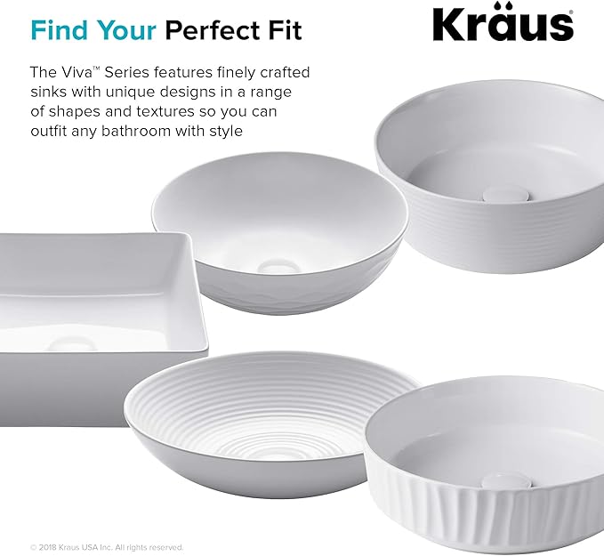 KRAUS Viva™ Round White Porcelain Ceramic Vessel Bathroom Sink, 13 in. D x 4 3/8 in. H, KCV-204GWH