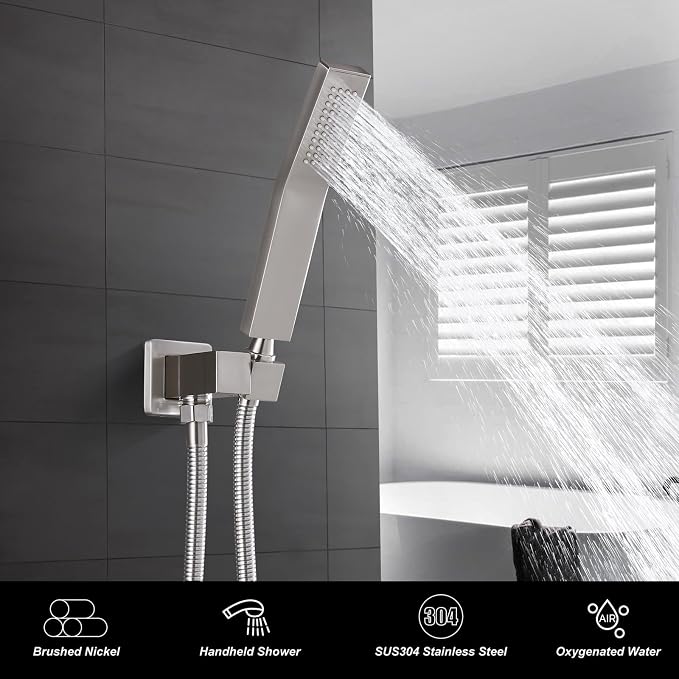 Heyalan Hand-held Shower Head Set-SUS304 Handheld Shower, Brushed Nickel | SUS304 stainless steel wand, curved-style design, single rain spray, 59-inch long hose and standard 1/2-inch connection