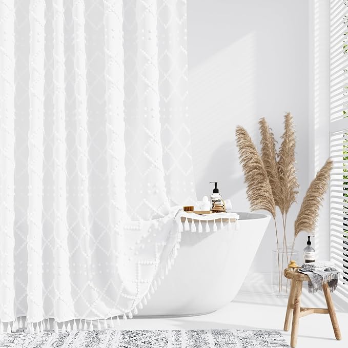 Extra Long Boho Fabric Shower Curtain Tufted Geometric 72x84 White | 84 Inch Tall, Elegant Tassel, Lightweight Textured Fabric, Water Repellent, Washable, Hotel Spa, for Bathroom/Dorm 12 Hooks