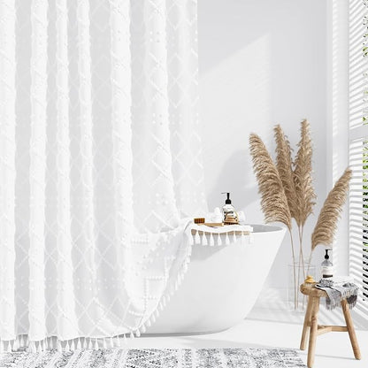 Extra Long Boho Fabric Shower Curtain Tufted Geometric 72x84 White | 84 Inch Tall, Elegant Tassel, Lightweight Textured Fabric, Water Repellent, Washable, Hotel Spa, for Bathroom/Dorm 12 Hooks