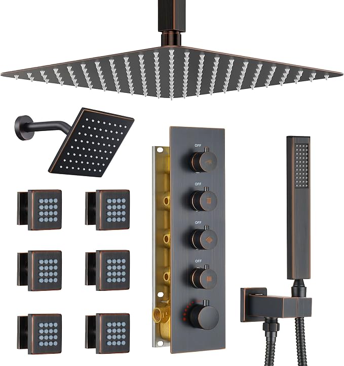 Dasan Thermostatic Dual Shower Head System with 6 Body Jets, 6-Inch Shower & 16” Rainfall Shower, Luxury Oil Rubbed Bronze Shower Faucet Set Tandem Rain Shower Head System for Couples/2-Person
