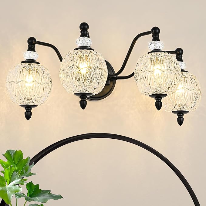 4-Light Matte Black Bathroom Vanity Light, Farmhouse Wall Sconce with Globe Glass Shades, Mid Century Retro Mirror Light for Bathroom, Powder Room