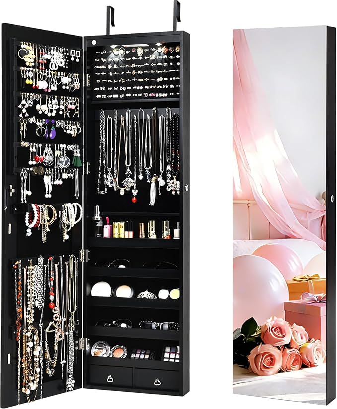 NAFORT 2 LEDs Jewelry Armoire with Full Length Mirror, 47.5" H Wall or Door Mounted Jewelry Cabinet with 2 Drawers, Lockable Jewelry Organizers and Storage, Hanging Jewelry Organizer, Black