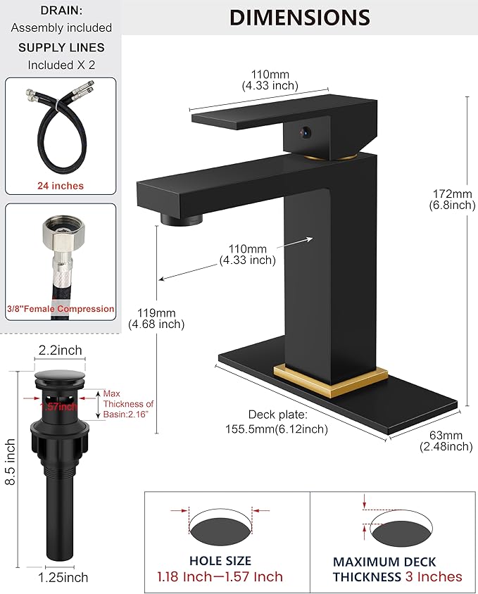 Midanya Bathroom Faucets 1 Hole, Single Handle Stainless Steel Bathroom Sink Faucet, Modern Vanity Faucets with Deck Plate,Water Supply Hoses and Pop Up Drain,Matte Black Handle and Brushed Gold