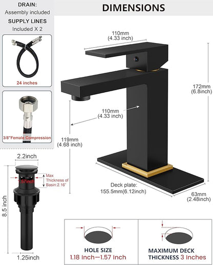 Midanya Bathroom Faucets 1 Hole, Single Handle Stainless Steel Bathroom Sink Faucet, Modern Vanity Faucets with Deck Plate,Water Supply Hoses and Pop Up Drain,Matte Black Handle and Brushed Gold