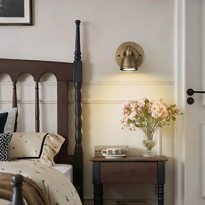 Bronze Small Wall Sconce Hardwired Single - Vintage Brass Mini Bell Light | Adjustable Art Deco Fixture with Dimmable Bulb, for Bedside Reading Bedroom Hallway Kitchen Bathroom Vanity Picture Light