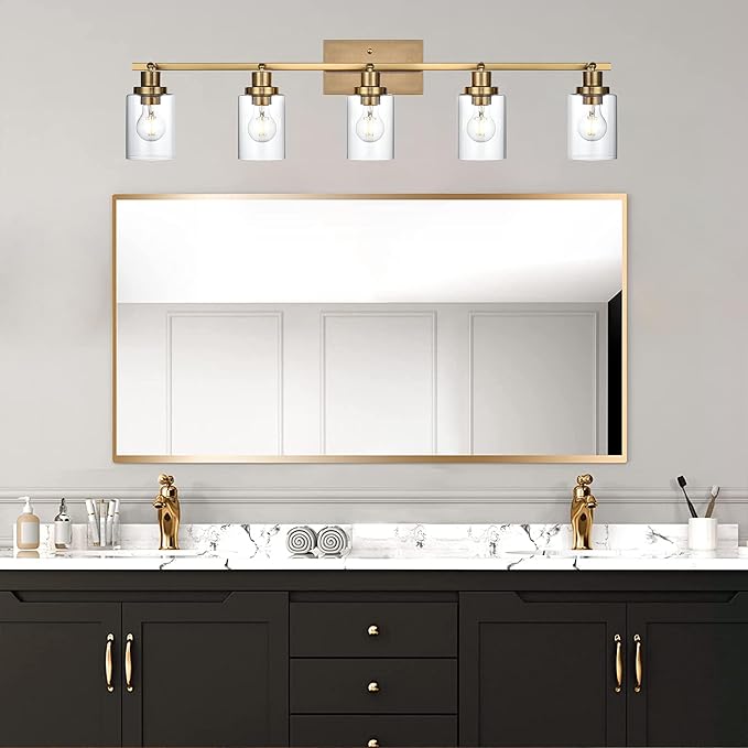 MELUCEE 5-Light Track Lighting Kit Brass Semi Flush Mount Ceiling Light Fixture with 5 Rotatable Light Heads, Modern Accent Lighting for Foyer Art Wall Kitchen, Clear Glass Shade