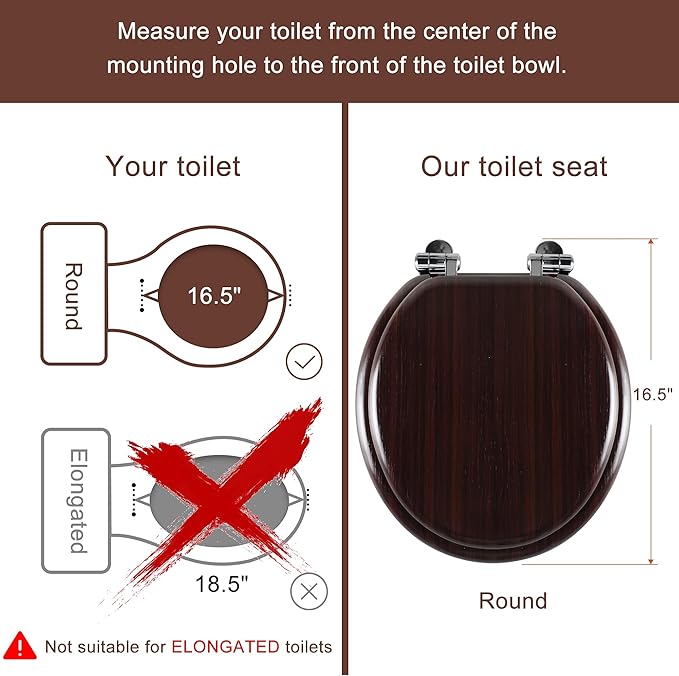 Round Toilet Seat Molded Wood Toilet Seat with Quietly Close and Quick Release Hinges, Easy to Install also Easy to Clean by Angol Shiold (Round, Dark Brown)