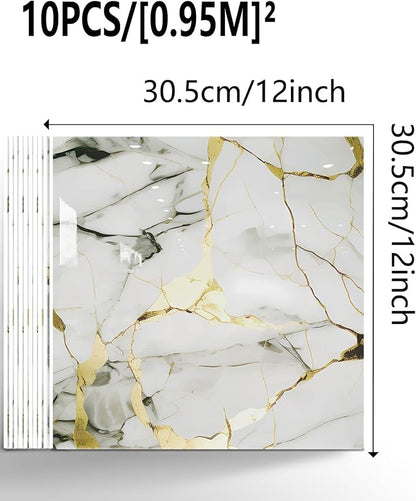 10 Sheets Marble Peel and Stick Backsplash Tile, 12"x12" Waterproof PVC Self Adhesive Tile Shower Wall Panels for Bathroom, Kitchen, Living Room (Gold White)