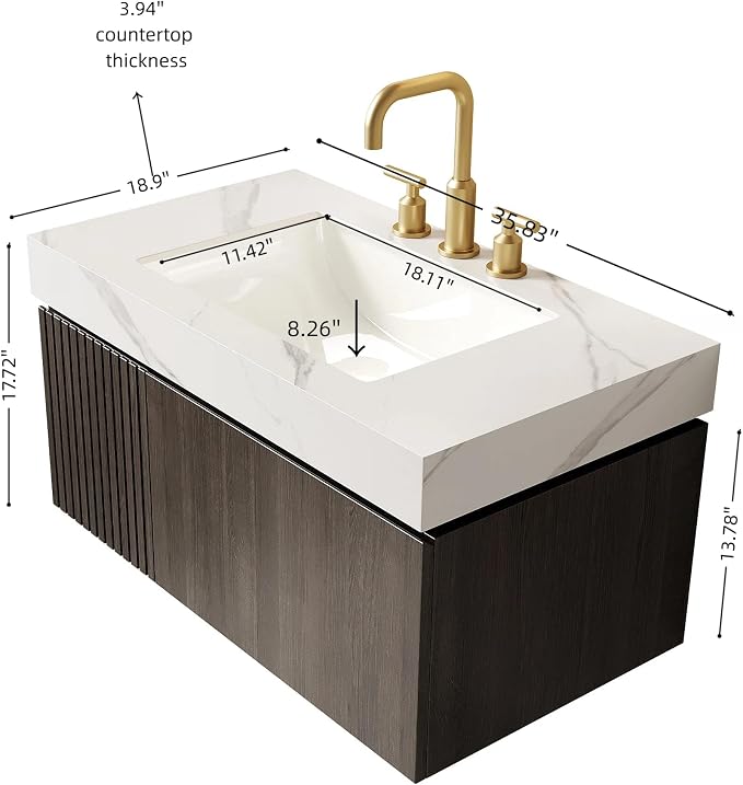 KEIKI 36 Inch Floating Bathroom Vanity with Sink, Espresso & White | Modern Wall Mounted Storage Cabinet w/ Drawer & Door, Pre-assembled Wood Panels, Sintered Stone Top & Ceramic Basin Combo Set