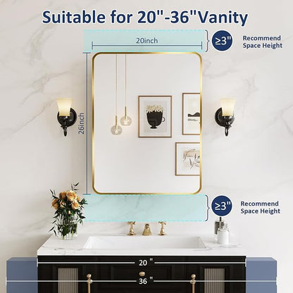 Medicine Cabinet Mirror 20x26 Inch, Gold Bathroom Mirror Cabinet with Stepless Adjustable Shelves, Stainless Steel Frame, Bathroom Mirror with Storage Recessed or Wall Mount