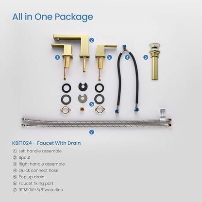 2-Handle Cube Bathroom Sink Faucet with Drain Assembly | 3-Hole Installation, Solid Brass Construction | 8-Inch Wide Spread Lavatory Faucet | Brushed Gold Finish, KBF1024