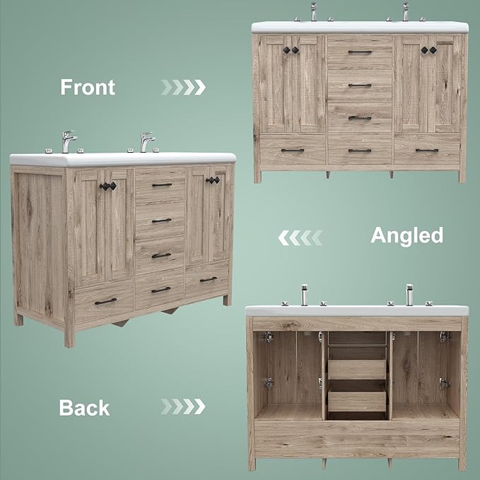 48 Inch Bathroom Vanity with Sink, Bathroom Vanity Cabinet with Double Sink, Bath Vanities with 4 Doors and 5 Drawers, Grey Oak (20" D x 48" W x 36" H)