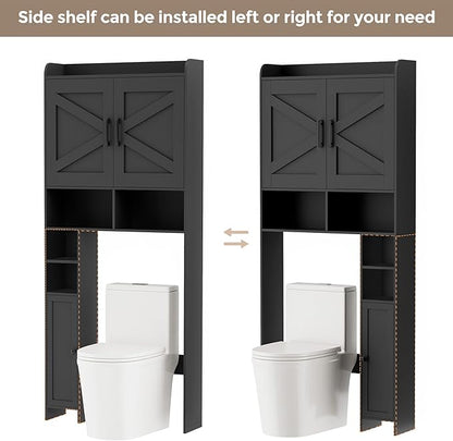 Homhedy Over The Toilet Storage Cabinet with 2 Barn Door and Toilet Paper Holder Stand, FreeStanding Toilet Shelf Space Saver, for Bathroom, Restroom, Laundry, Black