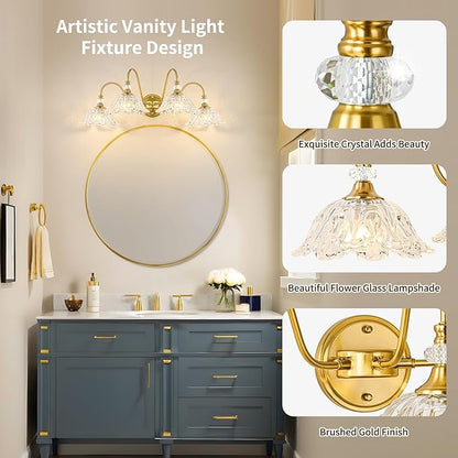 Gold Bathroom Vanity Light, 4-Light Brushed Gold Finish Vanity Light with Floral Clear Glass Shades, Vintage Wall Mount Lighting for Bathroom, Dressing Table