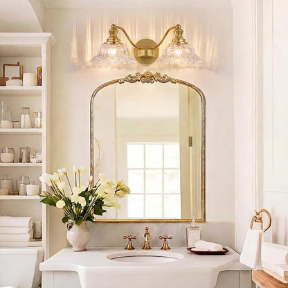 2 Lights Bathroom Vanity Light Fixtures, Vintage Brass Vanity Lights for Bathroom, Farmhouse Antique Light Fixtures Over Mirror with Crystal Glass Shade