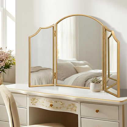 Besdomus Gold Scalloped Vanity Mirror: 36"x24" Three Sided Dresser Miror | Modern Minimalist Wood Frame Arched 3 Way Trifold Mirror for Bedroom/Cloakroom/Dressing Room/Wall - Home Decor for Housewife