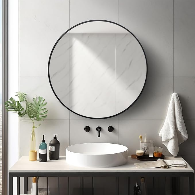 Round Mirror 22 inch, Black Circle Mirror, Matte Black Metal Frame | Matte Metal Frame, High Definition Mirror, Waterproof, Suitable for Bedroom, Bathroom, Entryway, Living Room, Vanity