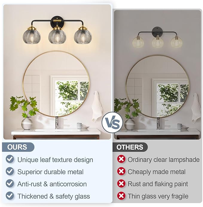 Bathroom Light Fixtures, 3-Light Smokegray Vanity Lights with Unique Leaf Texture Glass Shade, Modern Matte Black and Gold Bathroom Wall Lamp for Mirror Hallway Cabinet Living Room