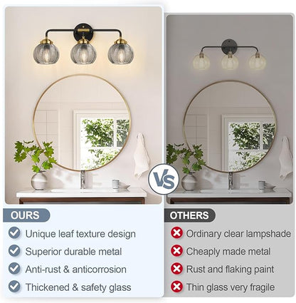 Bathroom Light Fixtures, 3-Light Smokegray Vanity Lights with Unique Leaf Texture Glass Shade, Modern Matte Black and Gold Bathroom Wall Lamp for Mirror Hallway Cabinet Living Room