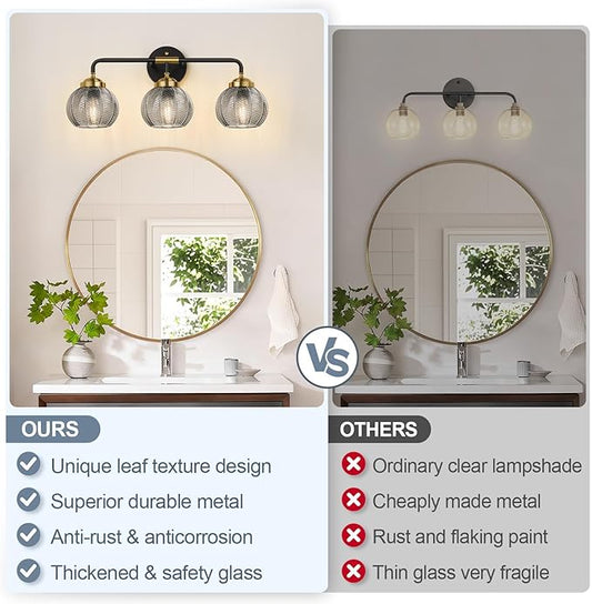 Bathroom Light Fixtures, 3-Light Smokegray Vanity Lights with Unique Leaf Texture Glass Shade, Modern Matte Black and Gold Bathroom Wall Lamp for Mirror Hallway Cabinet Living Room