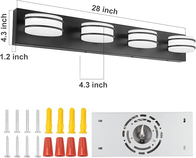 GOODATE 3 Color Temperature Dimmable Bathroom Light Fixtures Over Mirror, LED Black 4 Light Vanity Lighting Fixtures, Acrylic Stainless Steel Oval Shade Vanity Lights for Bathroom, ETL Certificated