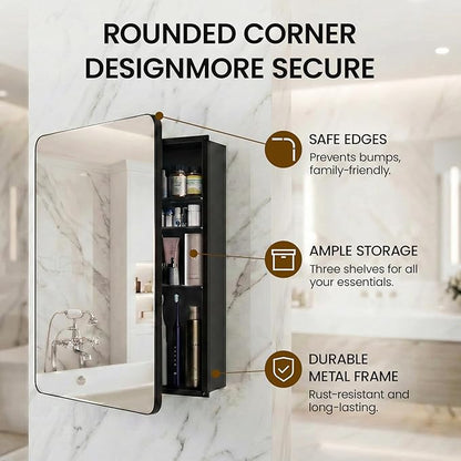 Medicine Cabinet with Mirror, 20x30 Inch Aluminum Bathroom Cabinet with Adjustable Shelves, Built-in Makeup Storage, Recessed or Surface Mount, Soft Close Hinges, Matte Black