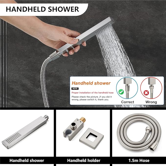 Midanya Shower Faucet Set,Wall Mount Shower System with Square Rain Shower Head and Hand Sprayer, Rough-in Valve Body and Trim Kit Included,10 Inch,Brushed Nickel