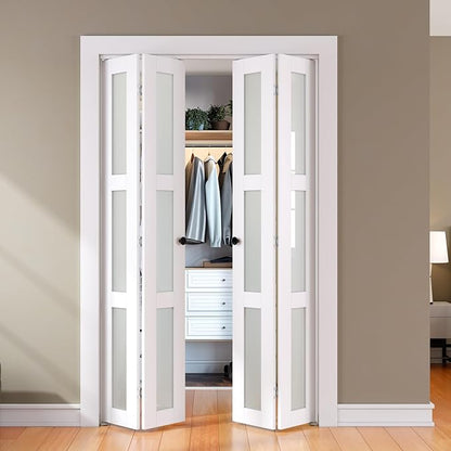SMARTSTANDARD Bifold Door for 48"x 80" Opening, Tempered Frosted Glass, MDF | Closet Folding Doors with Hardware kit Included, White, Water-Proof PVC Surface, Easy Install, Space-Saving