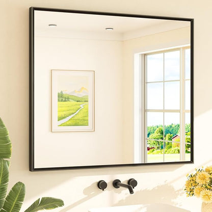 Black Bathroom Mirror Beveled Frame 42" x 36" Black Rectangle Metal Framed Bathroom Vanity Wall Mirror for Over Sink, Tempered Glass, Modern Farmhouse Bedroom, Entryway, Living Room