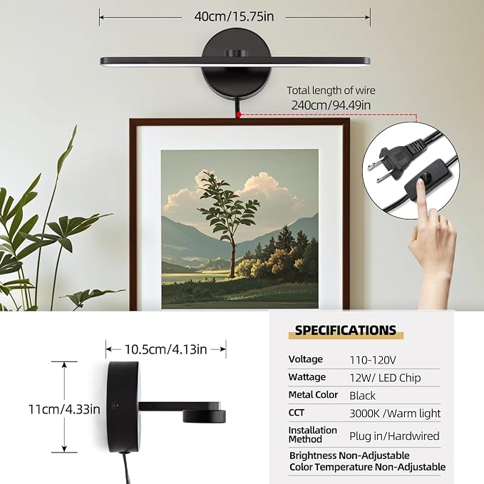 16" Plug in Bathroom Light Fixtures,Vanity Lights Bar,Picture Light | Modern Black,Non-Dimmable,3000K,with Switch,Indoor,Piano lamp,LED,Over Mirror,Wall Lights,for Bedroom/Art/Poster/Cabinet