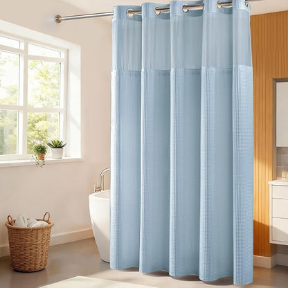 River Dream Cotton Blend Shower Curtain Set with Liner, Misty Blue, 71x74 | Waffle Weave, No Hook Needed, with Snap in Replacement Liner, Top Sheer Window, Hotel Quality Fabric for Bathroom