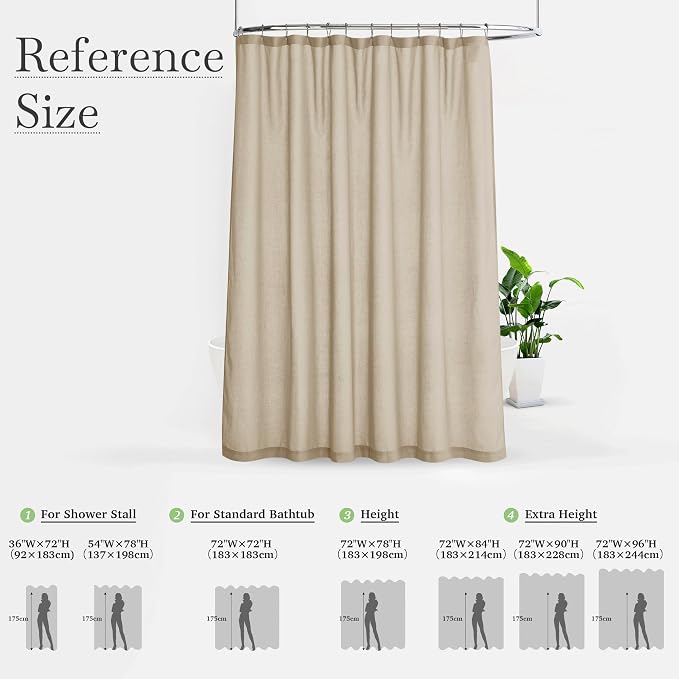 KGORGE Linen Blend Semi-Sheer Shower Curtains Lightweight for Bathroom | Waterproof Fabric for Bathtub, Button Hole Half Privacy Quick Dry, Hooks Included, Angora, W72 x L78