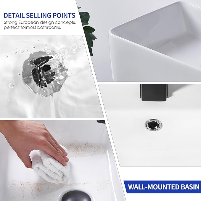 18.1 x 16.5 inch Modern White Rectangle Wall Mounted Bathroom Sink, Mini Floating Bathroom Vessel Sinks, Small Porcelain Corner Wall Mount Sink for Rvs, Restroom, Toilet