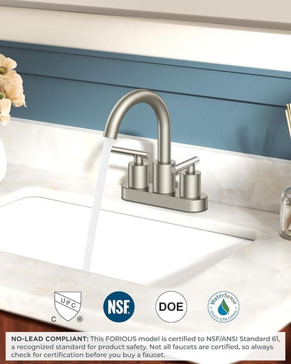 FORIOUS Brushed Nickel Bathroom Faucet 2 Hole, 4" Centerset Faucet Silver | Commercial Bathroom Sink Faucet Brushed Nickel, 4 In Centerset Bathroom Faucet Brushed Nickel with 360° Swivel Spout for RV