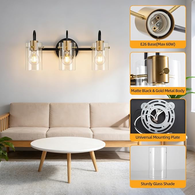 3 Light Bathroom Vanity Light, Black and Gold Bathroom Wall Light Fixtures with Clear Glass Shade, Modern Wall Sconces Wall Lamp Over Mirror Kitchen Living Room Bedroom Hallway Cabinet