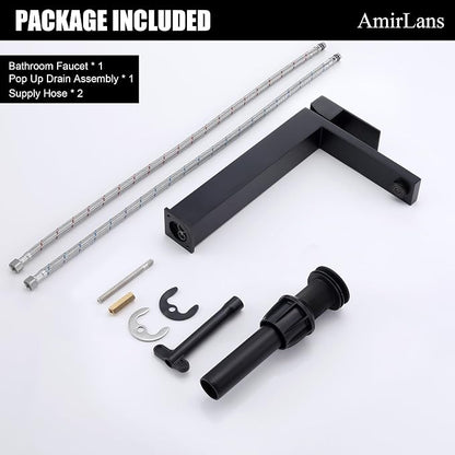Matte Black Vessel Sink Faucet, Single Hole Tall Bathroom Faucet | Stainless Steel 1 Hole Black Matte Faucet for Bathroom Sink, Tall Vanity Faucet with Pop Up Drain