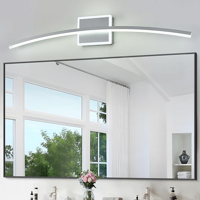 Benkut Modern LED Wall Sconce Silver LED Bathroom Light Fixtures Over Mirror Wall Lighting for Bathroom, Dimmable Long Vanity Light for Bathroom Living Dining Room(5CCT 31.5Inch)