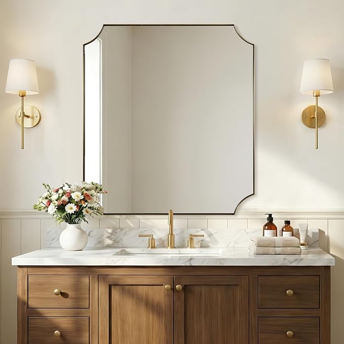 36"x40" Large Bathroom Mirror, Brushed Gold Vanity Mirror, Scalloped Rectangle Mirror in Anti-Rust Stainless Steel Thin Frame, Aesthetic Scalloped Corner Design, Ideal for Home Remodel