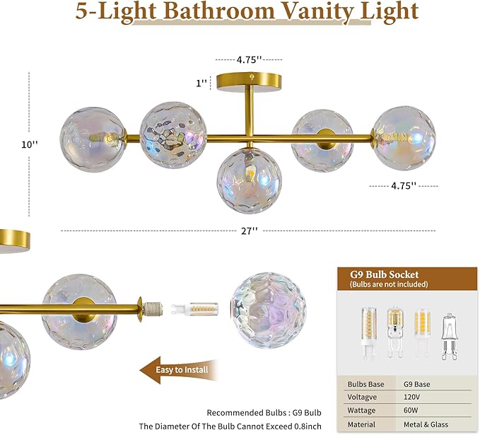 Gold Bathroom Vanity Light Fixtures: Modern Wall Scones With Stained Glass Shades - Globe Makeup Lighting Fixture over Mirror - Brass Ball Powder Room Vanities Lights for Bathroom Bulbs not Included