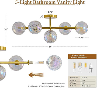 Gold Bathroom Vanity Light Fixtures: Modern Wall Scones With Stained Glass Shades - Globe Makeup Lighting Fixture over Mirror - Brass Ball Powder Room Vanities Lights for Bathroom Bulbs not Included