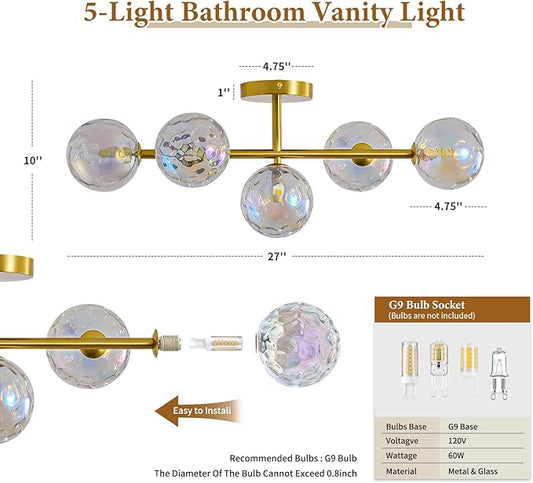 Gold Bathroom Vanity Light Fixtures: Modern Wall Scones With Stained Glass Shades - Globe Makeup Lighting Fixture over Mirror - Brass Ball Powder Room Vanities Lights for Bathroom Bulbs not Included