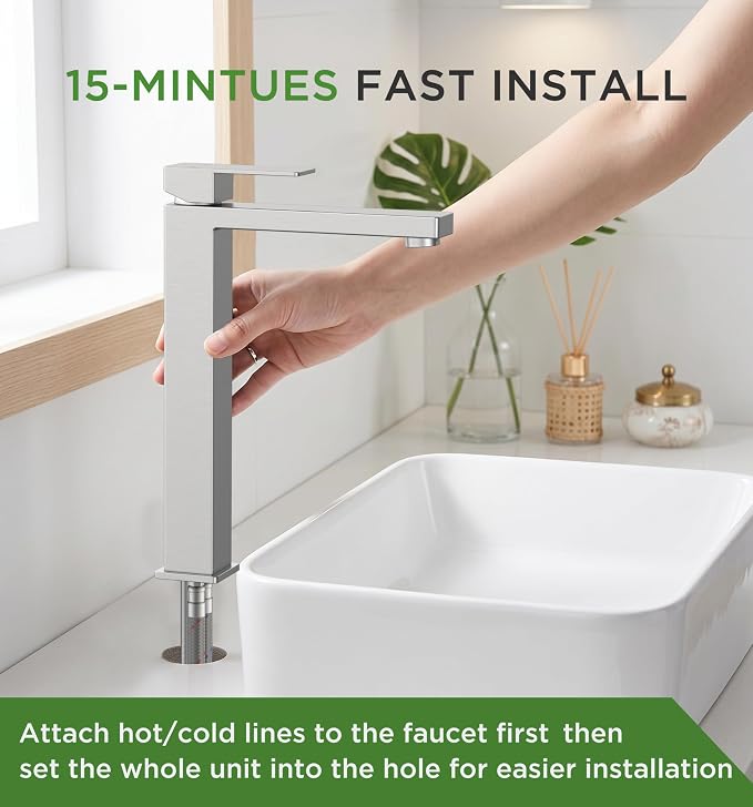 FORIOUS Vessel Sink Faucet Single Hole, Brushed Nickel Tall Bathroom Faucet | Modern Tall Single Handle Space Saving Design, with Pop up Drain for Basin Bowl Vanity Lavatory Residential/Commercial Use