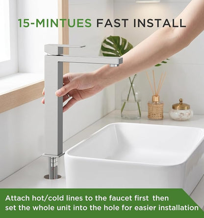 FORIOUS Vessel Sink Faucet Single Hole, Brushed Nickel Tall Bathroom Faucet | Modern Tall Single Handle Space Saving Design, with Pop up Drain for Basin Bowl Vanity Lavatory Residential/Commercial Use