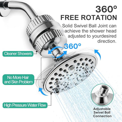 Cobbe 6 Spray High Pressure Filtered Shower Head for Hard Water Combo | Rain Showerheads with 20 Stage Water Softener for Healthier Skin & Hair Remove Chlorine and Harmful Substances, Chrome