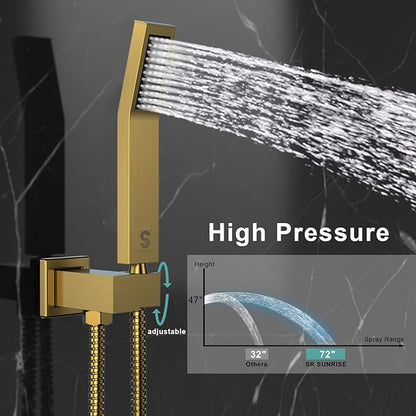 SR SUN RISE 12 Inches All Metal Square Shower System with Tub Spout, Tub Shower Faucet Set, High Pressure Rain Shower Head and Handheld Sprayer Combo Shower Fixtues, Valve Included, Brushed Gold